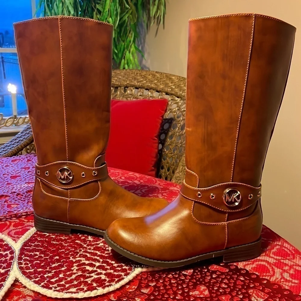 Brand New Michael Kors Girls Emma Heather Zippered Tall Riding Boots in Cognac